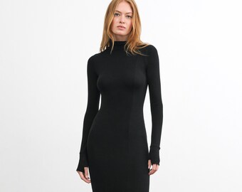 Casual Mock Neck Dress, Slit Midi Dress, Black Fitted Dress, Long Sleeve Dress, Fitted Casual Dress, Tavi Dress, Marcella - MD2122