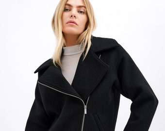 Black Wool Biker Jacket, Wool Coat, Collared Jacket, Winter Coat, Asymmetric Zip Up Coat, Harvey Jacket, Marcella - MC2119