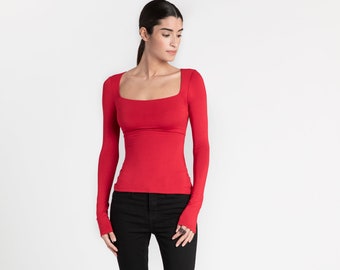 Red Square Neck Blouse, Women's Elegant Fitted Top, Extra Long Sleeve Fitted Top, Long Sleeve Cocktail Top, Yvonne Blouse, Marcella - MB0361