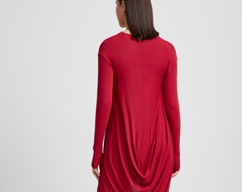 Red Long Draped Back Tunic, Casual Asymmetric Long Top, Cowl Neck Tunic, Sheer Tunic, Off-Shoulder Tunic, Yorkville Tunic, Marcella - MB2020