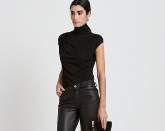 High Neck Draped Top, Mock Neck Top, Cap Sleeve Blouse, Gathered Neckline Top, Summer Cocktail Top, Delancey Top, Marcella - MB1623