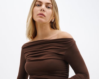 Brown Fitted Long Sleeve Top, Women's Shirt, Stretchy Fitted Top, Boatneck Blouse, Off Shoulder Top, Cooper Top, Marcella -  MB2140