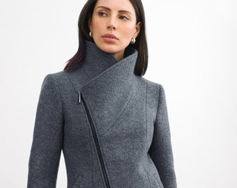 Grey Wool Jacket, Wool Coat, High Collar Jacket, Winter Coat, Wool Jacket, Asymmetric Zip Up Coat, Essex Coat, Marcella - MC2117