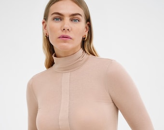 NEW Light Beige Sheer Fitted Turtleneck Top, Long Sleeves, Fitted Long Sleeve Tee, Vertical Panel Top, Amsterdam Top, Marcella - MB2252