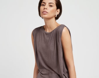 Sleeveless Top, Scoop Neck Top, Gathered Shoulder Blouse, Relaxed Fit Top, Muscle Tee, Greenwich Village Top, Marcella - MB1682