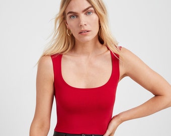 Red Tank Top, Scoop Neck Tank, Fitted Sleeveless Tee, Curved Tank, Layering Tank, Stretchy Casual Top, Jennie Top, Marcella - MB2037