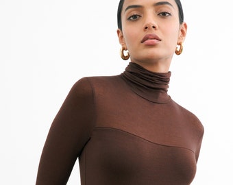 High Neck Long Sleeve Top, Brown Fitted Turtleneck Top, Sheer Top, Sheer Sleeves, Extra Long Sleeves Top, Cara Top, Marcella - MB1758