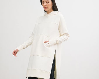 Off White Sweatshirt Tunic, Oversized Sweatshirt Top, Extra Long Hoodie, Long Sleeved Tunic, Noori Sweatshirt Tunic, Marcella - MB2129