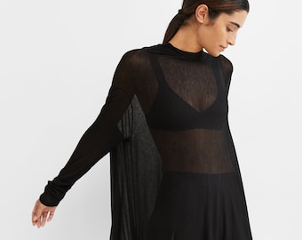 Draped Back Tunic, Sheer Black Top, High Low Tunic, Statement Asymmetric Top, Long Sleeve Back Tunic, Iris Tunic, Marcella - MB0103