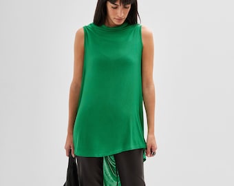 Sheer Green Asymmetric Hem Tunic, See Through Tunic Top, Casual Sleeveless Long Top, Draped High Low Tunic, Ines Tunic, Marcella - MB1838