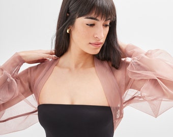 Encogimiento de hombros de cóctel de malla rosa, Bolero transparente, encogimiento de hombros de malla de manga de hojaldre rosa, Bolero de tul de boda, Bolero Olympia, Marcella - MC1489