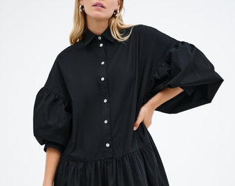 NEW Black Midi Dress, Oversized Puffed Sleeve Dress, Dropped Shoulders Dress, Shirt Collar Dress, Sun Dress, Ada Dress, Marcella - MD2265