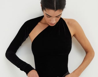 Black Velvet One Shoulder Top, Asymmetrical One Sleeve Top, Open Back Wrap Top, Manhattan Velvet One Shoulder Top, Marcella - MB0001