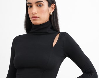 NEW Black Fitted Top, Warm Long Sleeve Top, Turtleneck Pullover, Sweatshirt Top, Shoulder Cutout Top,  Lennox Top, Marcella - MB2128