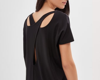 Black Oversized T-Shirt, Cutout Back Top, Short Sleeve Shirt, Black TShirt, Edgy Tee, Women's Shirt, Felix Top, Marcella - MB1986