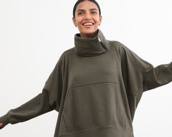 NEW Olive Oversized Sweatshirt, Oversized Sweatshirt Top, Pullover, High-Low Asymmetric Sweatshirt, Boerum Sweatshirt, Marcella - MB2099