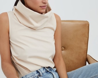 Sleeveless High Neck Blouse, Turtleneck Tank, Summer Blouse, Cotton Top with Cowl Neck, Marcy Sleeveless Top, Marcella - MB1818