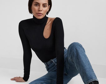 Cutout Top, Black Sexy Top, Women's Clothing, Casual Long Sleeve Top, Black Long Sleeve Blouse, Turtleneck Blouse, Allegra Top, MB0863
