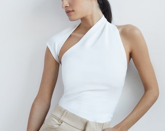 One Shoulder Top, Asymmetric Sleeveless Top, White Cocktail Top, Open Back Blouse, Manhattan Sleeveless Top, Marcella - MB0806