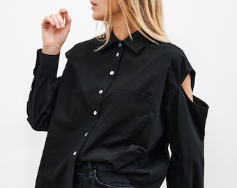 Black Cutout Oxford Shirt, Collared Button Up Shirt, Oversized Shirt, Cutout Sleeves, Downtown Boyfriend Shirt, Marcella - MB2138