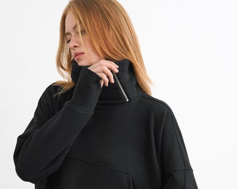 NEW Black Oversized Sweatshirt, Oversized Sweatshirt Top, Pullover, High-Low Asymmetric Sweatshirt, Boerum Sweatshirt, Marcella - MB2099