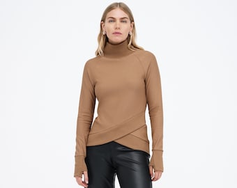 NEW Light Brown Fitted Sweatshirt, Chic Sweatshirt, Asymmetric Hem Pullover, Turtleneck Sweatshirt, Soren Sweatshirt, Marcella - MB2217