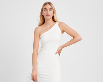 White One Shoulder Dress, Asymmetric Dress, Cocktail Slit Gown, Long Fitted Dress, Sleeveless Cocktail Dress, Robin Dress, Marcella - MD1884