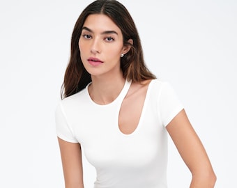 NEW White Top, Shoulder Cutout Fitted Tee, Fitted Top With Asymmetric Cut Out, Short Sleeve Top, Crewneck Top, Rocio Top, Marcella - MB2254