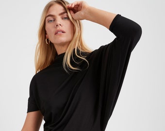 Asymmetric Batwing Shirt, Black Mockneck Top, Short Sleeve Blouse, Asymmetrical Oversized Top, Elevated Tee, Hamilton Top, Marcella - MB2013