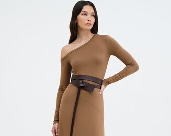 NEW Chestnut Brown Midi Dress, Knee Length Dress, Off Shoulder Dress, Asymmetric Dress, Long Sleeve Dress, Angela Dress, Marcella - MD2225