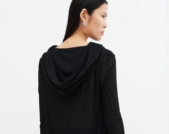 Black Draped Oversized Tunic, Asymmetrical Hem Hoodie, Comfy Cowl Neck Top, Hooded Pullover, Sheer Jersey Top, Oslo Tunic, Marcella - MB1847