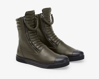 Double Zipper Boots, Leather Boots, Leather Sneaker Boots