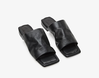 Black Leather Slides, Open Toe Slides, Statement Flats, Designer Flats, Summer Sandal, Square Toed Slides, Lisbet Sandals, Marcella - MS2016