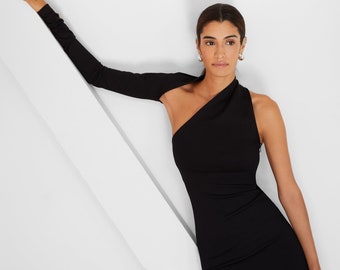 Open Back Dress, Midi Dress, Elegant Dress, Asymmetrical Dress, One Shoulder Pencil Dress, Manhattan One Shoulder Midi Dress, MD0003