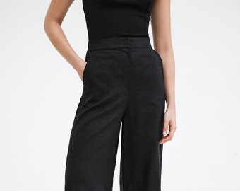 NEW Black Wide Leg Linen Pants, Stylish Casual Pants, Flared Leg Pants, High Waisted Linen Pants, Runa Pants, Marcella - MP2359