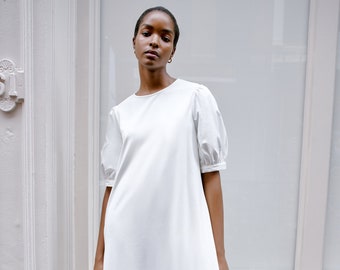 NEW Off White Mid-Length Dress, Oversized Puffed Sleeve Dress, A-Line Dress, Pocket Dress, Sun Dress, Olivia Dress, Marcella - MD2251