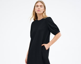 NEW Black Mid-Length Dress, Oversized Puffed Sleeve Dress, A-Line Dress, Pocket Dress, Sun Dress, Olivia Dress, Marcella - MD2251