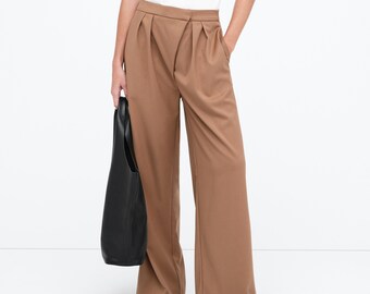 NEW Camel High-Waisted Wide-Leg Pants, Casual Pants, Relaxed Fit Trousers, Loose Pants, Elegant Pants, Morrison Pants, Marcella - MP2269