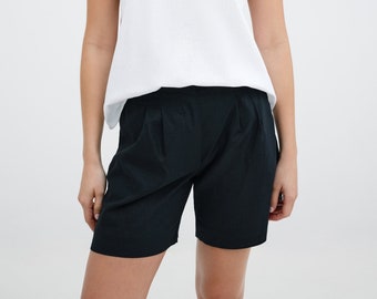 NEW Black High-Waisted Linen Shorts, Pleated Shorts, Wide Leg Shorts, Tailored Shorts for Women, Kingsbridge Shorts, Marcella - MP2325