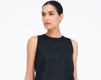 NEW Black Linen Sleeveless Top, Relaxed Fit Summer Tank Top, A-Line Top, Linen Tank Top, Round Neck Top, McKinley Top, Marcella - MB2351