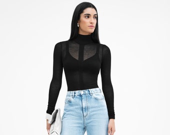 NEW Black Sheer Fitted Turtleneck Top, Long Sleeves, Fitted Long Sleeve Tee, Vertical Panel Top, Amsterdam Top, Marcella - MB2252