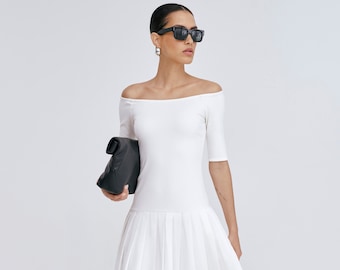 NEW Off White Casual Dress, Short Sleeve Dress, Dress with Full Skirt, Black Dress for Day, Sun Dress, Mila Dress, Marcella - MD2233AR