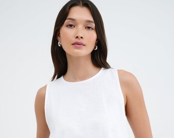 NEW White Linen Sleeveless Top, Relaxed Fit Summer Tank Top, A-Line Top, Linen Tank Top, Round Neck Top, McKinley Top, Marcella - MB2351