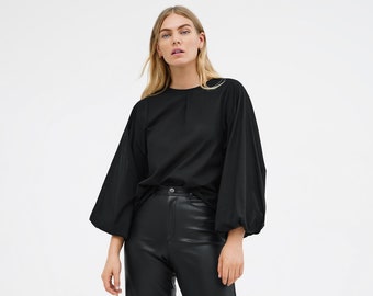 NEW Black Oversized Cotton Voile Top, Long Puffed Sleeve Top, Oversized Sleeve Top, Relaxed Fit Blouse, Joyce Top, Marcella - MB2239