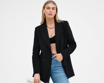 PREORDER Black Linen Blazer, Cotton Lined Blazer, Double Breasted Blazer, Oversized Lapel Collar Blazer, Linden Blazer, Marcella - MC2324