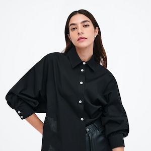 NEW White Oversized Button Up Shirt, Boyfriend Shirt, Collared Button Down Top, Cotton Shirt, Workwear, Ezra Shirt, Marcella MB2315 Black 01-H