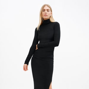 Black Fitted Maxi Dress, Long Cocktail Dress, Turtleneck Dress, Dress with Slit, Long Sleeve Dress, Baxter Dress, Marcella - MD2104