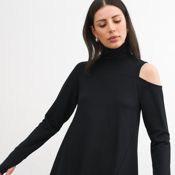 Slouchy Sweatshirt Top, Black Turtleneck Tunic, Oversized Cutout Top, Long Sleeved Tunic, Zoya Sweatshirt Tunic, Marcella - MB2014