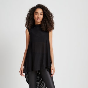 Sheer Asymmetric Hem Tunic, See Through Tunic Top, Casual Sleeveless Long Top, Draped High Low Tunic, Ines Tunic, Marcella MB1838 Black 01-B