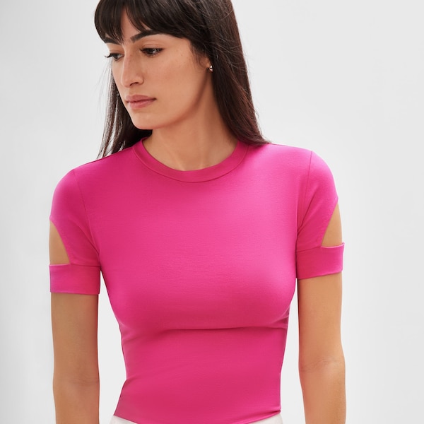 Hot Pink Top, Cutout Fitted Tee, Fitted Top, Top With Cut Out Sleeves, Short Sleeve Top, Crewneck Top, Kent Top, Marcella - MB1974